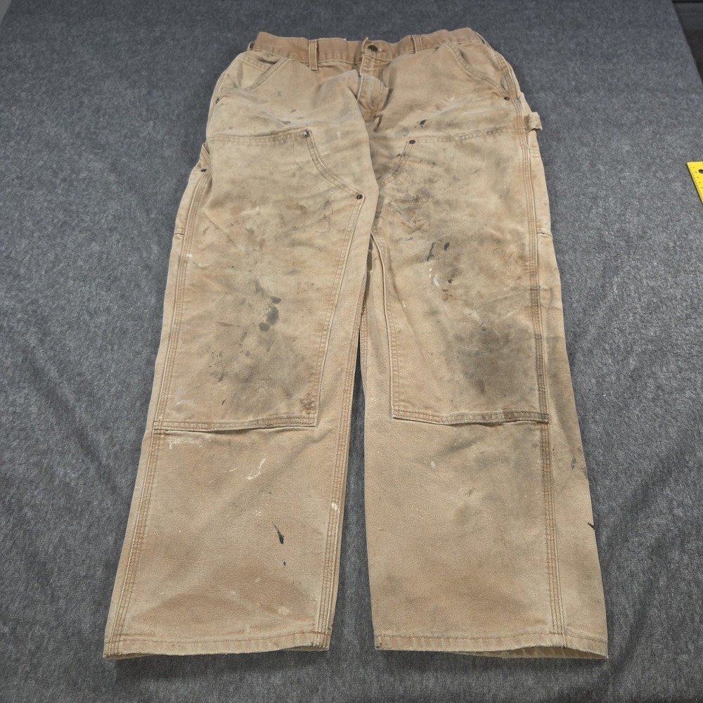 Carhartt Tan Duck Double Knee Work Pants B136 BRN Size 32x28 Faded Distressed